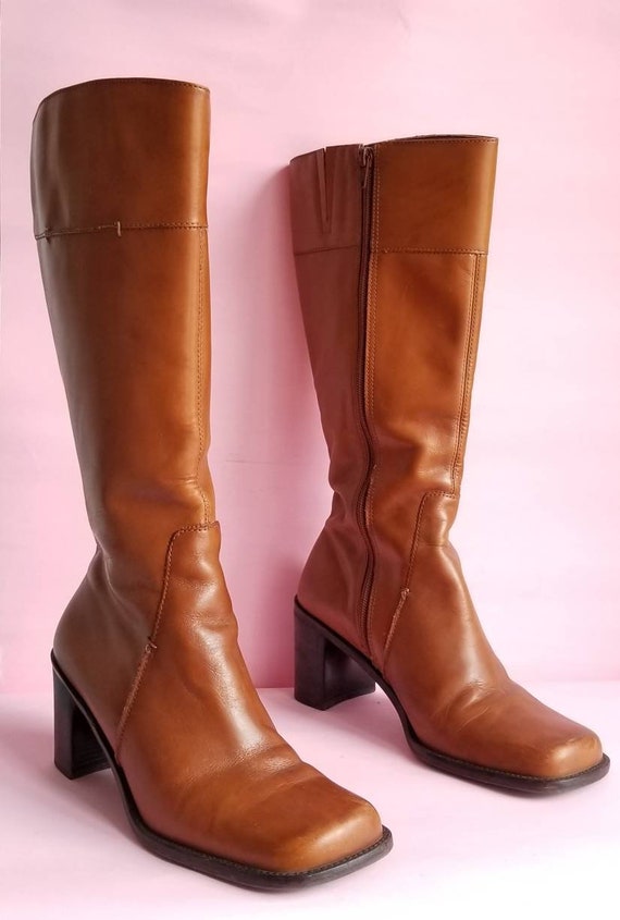90s Square Toes Leather Boots, Chunky Heels Boots,