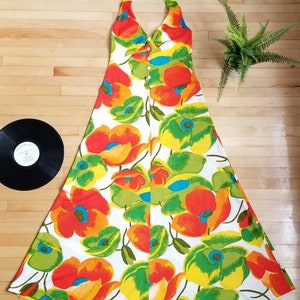 60s Floral Print Maxi Dress, 1960s Alter Dress, Vintage Empire Waist Dress, Floral Graphic Dress, Vintage Color Block Dress, Size S-M