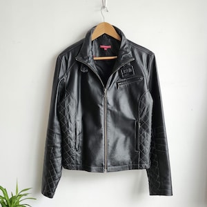 Y2k Leather Jacket | Vintage Black Leather Coat | Biker Jacket | 00s Cafe Racer Style Leather Jacket | Zip Up Leather Coat | Size Large