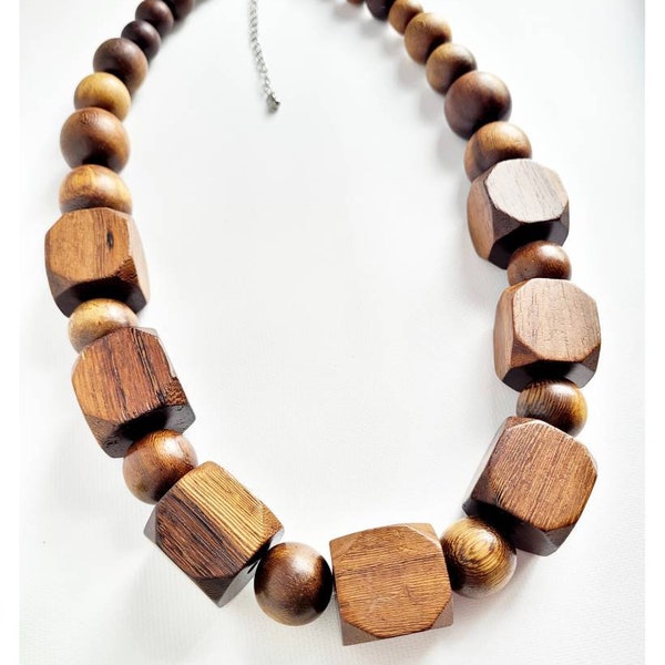 Vintage Boho Wood Beads Necklace Geometric Natural Wood Beads Necklace Minimalist Necklace Rare Vintage Necklace Unisex Necklace