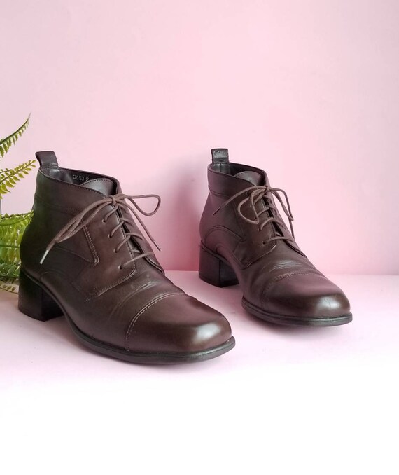 90s Lace Up Ankle Boots, Brown Leather Boots, Chun