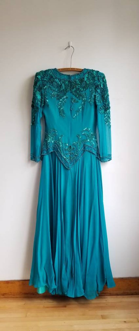 80s Evening Dress, Vintage Turquoise Sequin Rhine… - image 6