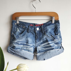 Y2k Low Rise Shorts | Micro Shorts|  Hippie Jeans Shorts | Vintage Shorts | Low Waist Shorts | Acid Wash Denim Shorts | Crumpled | Size 28