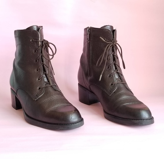 90s Leather Boots, Vintage Ankle Boots, Lace Up Le