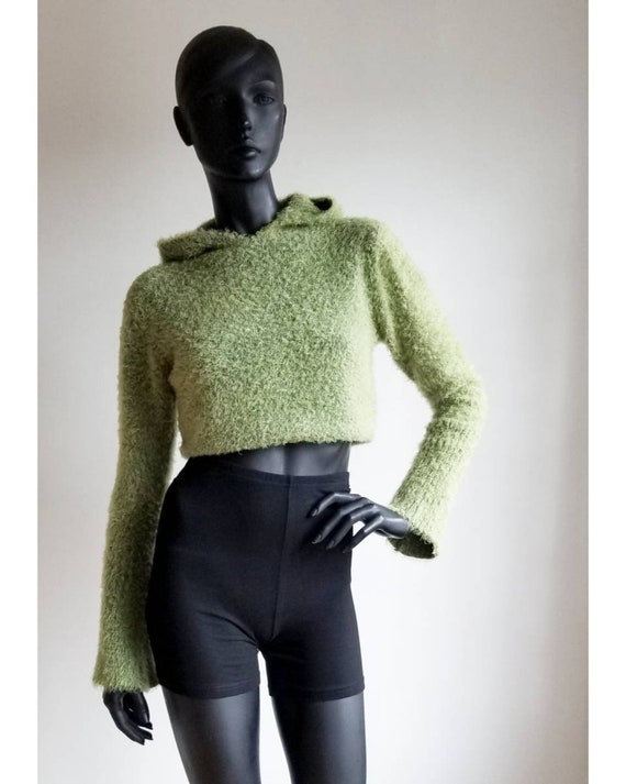 FUZZY Sweater Y2k Pullover Plush Sweater Green Vintage Sweater 00s Bell Sleeve Shirt Grunge Hoodie 90s Fuzzy Sweater Size M Etsy