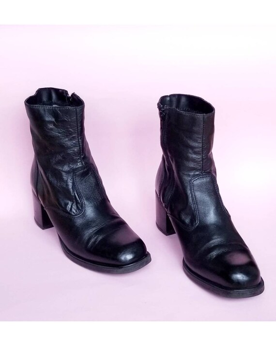 90s Black Boots, Black Leather Zip Up Boots, Chunk