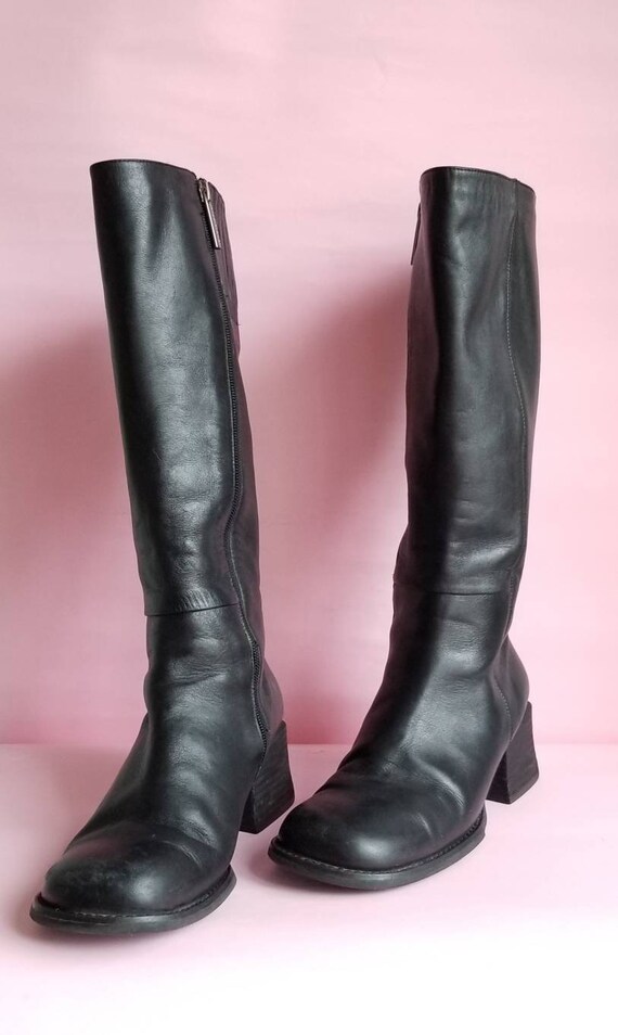 90s Chunky Heels Black Leather Boots, Vintage Knee