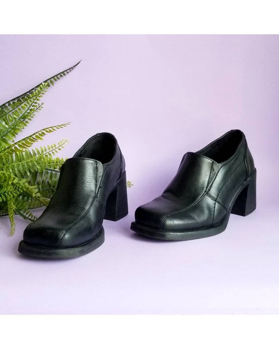 Y2k Black Leather Shoes, Chunky Heels Shoes, Squar