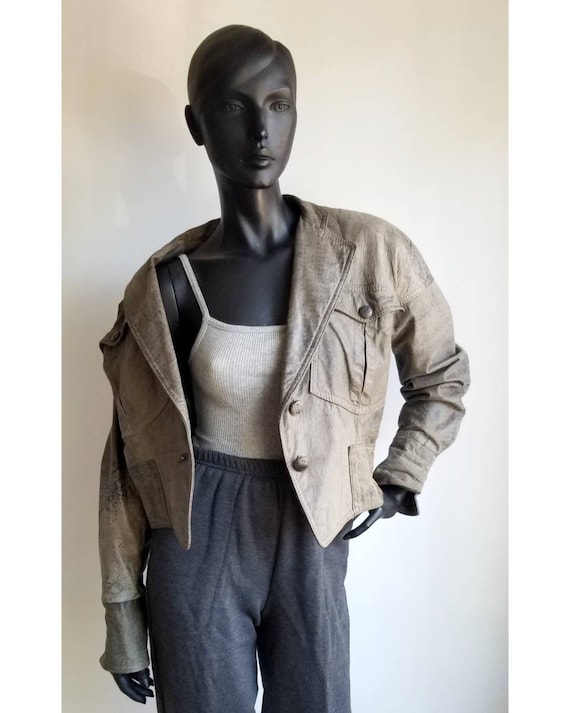 80s Crop Leather Jacket, Nude Leather Jacket, Powe
