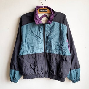 90s Windbreaker Vintage Sport Jacket Nylon Zip Up Coat Bomber Jacket Sportwear Black Purple Turquoise Unisex Jacket,Size Small
