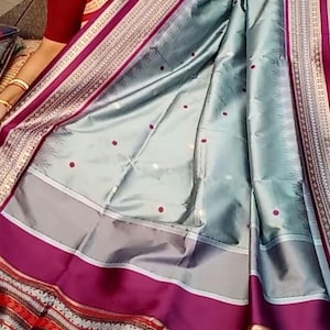 Tussar Silk Saree, Assam Handwoven Ikkat Border, All Over Butta Design, Blus Piece
