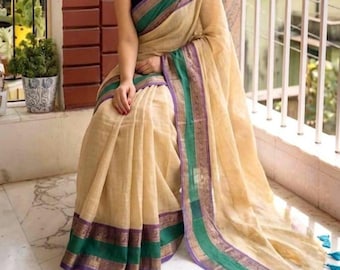Baumwoll Saree mit Blusenteil und Quasten.