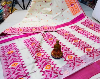 Dhakai Jamdani Saree: Cotton Silk Blend, Contrast Border, Blouse Piece Included