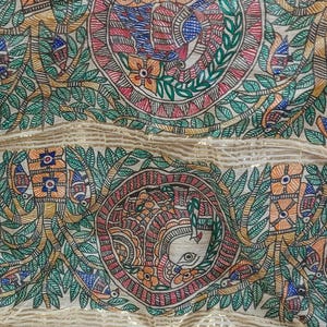 Hand-Painted Ghicha Silk Saree: Traditional Madhubani Floral Design