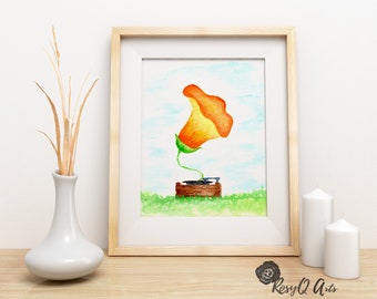 Flower Record Player, Watercolor Art, Art Print, Giclee Print, Home Decor, Wall Art, 4x6, 5x7