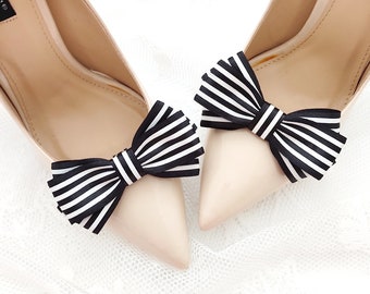 Black bows with white stripes shoe clips,accessories for shoes,satin bow decorative clip , stripes bows