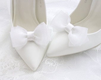 White chiffon bows,clips for wedding shoes,shoes decorations,wedding shoe clips,clips for the bride,white wedding shoes,white shoe clips