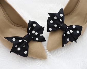 Clips para zapatos de satén con lazos negros y puntos blancos, lazos para zapatos, clips para zapatos negros, clips para zapatos, lazos de satén, boda
