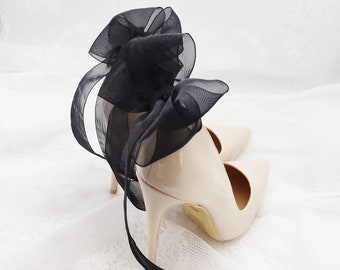 black chiffon shoe clips with suede bows ,shoes decorations,shoe clips,clips for the heels ,black bows,clips for party event prom