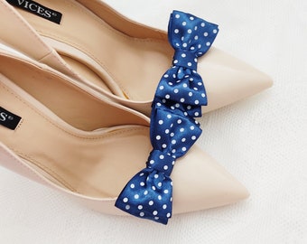 Satin navy blue bows dots,shoes decorations,wedding shoe clips,clips for the bride,navy blue satin bows,something blue,wedding blue shoeclip