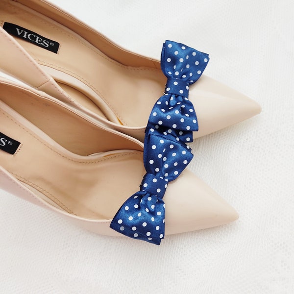 Satin navy blue bows dots,shoes decorations,wedding shoe clips,clips for the bride,navy blue satin bows,something blue,wedding blue shoeclip