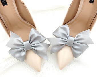 Arcs gris satinés,clips pour chaussures de mariage,décorations de chaussures,arcs en satin,clips de chaussures grises