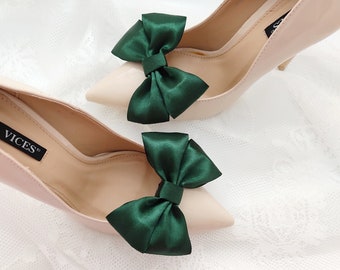 Satin dark green bows,clips for wedding shoes,shoes decorations,wedding shoe clips,clips for the bride,green satin bows,christmas green bow