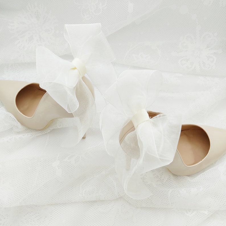 Ivory/cream white black chiffon bows,clips for wedding shoes,shoes decorations,wedding shoe clips,clips for the bride,satin wedding shoes image 3