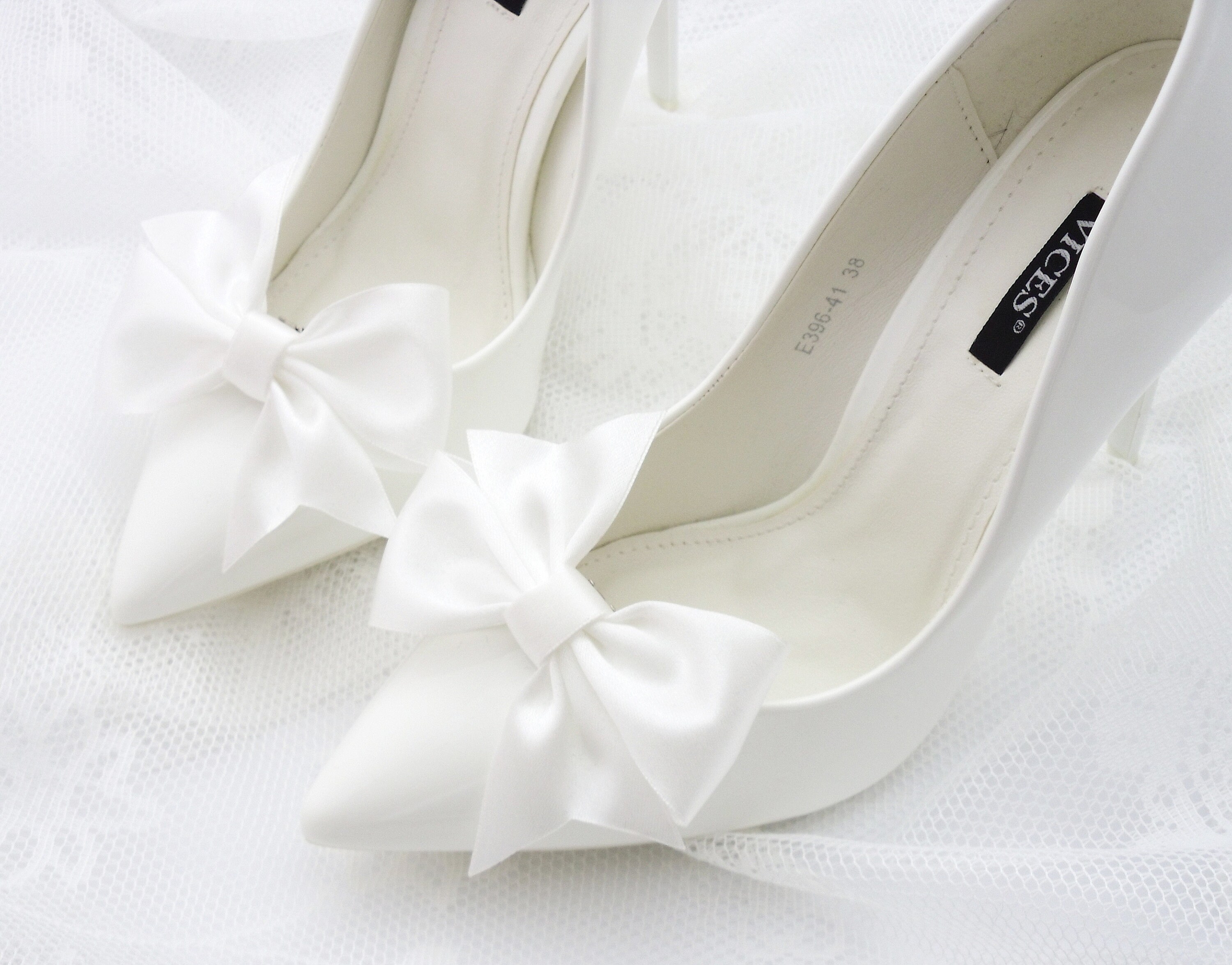 White Satin and Diamante Bow Shoe Clips