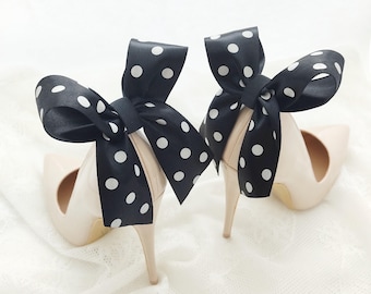 Lazos de lunares de satén negro, clips para zapatos de tacón, clips para zapatos negros, clips para mujer, lazos de satén, lazos para zapatos