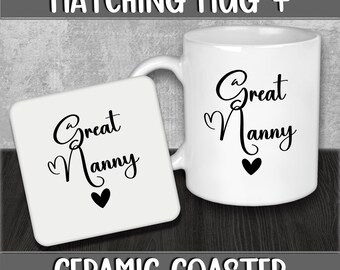 Mug and Coaster Set for Great Nanny for Mother's Day Gift for Nana or Grandma - Present for Expecting Baby for New Grandparents