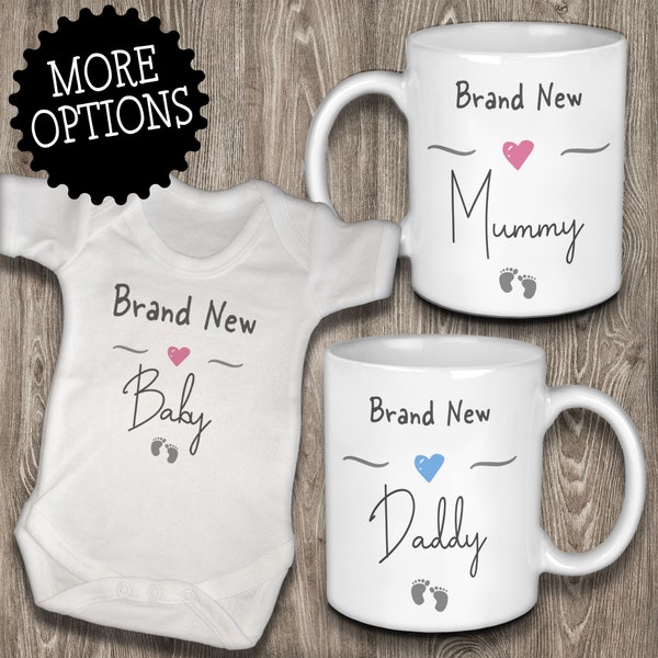Brand New Mummy and Daddy Mugs with Matching Brand New Baby Vest - Gift for New Parents and Newborn Baby Girl