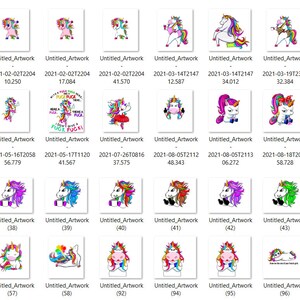 May include: A collection of digital illustrations featuring colorful unicorns in various poses and settings. The unicorns are depicted with rainbow manes and tails, and some are wearing accessories like hats and flowers.