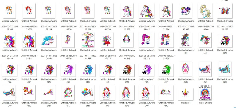 May include: A collection of digital illustrations featuring colorful unicorns in various poses and settings. The unicorns are depicted with rainbow manes and tails, and some are wearing accessories like hats and flowers.