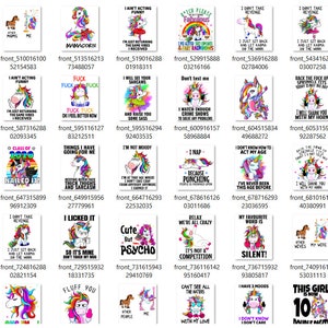 May include: A collection of 48 colorful digital printable designs featuring a unicorn with various sayings. The designs are perfect for creating unique and fun items like t-shirts, mugs, phone cases, and more.