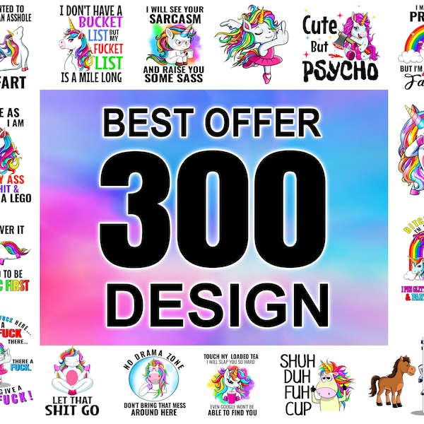 Einhorn-Bundle 300 PNG-Dateien, lustige Einhorn-Designs – Großer Verkauf, Einhorn-Digitalbild, PNG, sofortiger Download