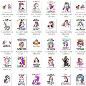 May include: A collection of 48 colorful digital designs featuring unicorns with various phrases and sayings. The designs are perfect for creating t-shirts, mugs, tote bags, and other merchandise.