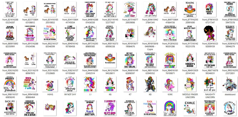 May include: A collection of 48 colorful digital designs featuring unicorns with various phrases and sayings. The designs are perfect for creating t-shirts, mugs, tote bags, and other merchandise.