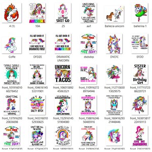 May include: A collection of 48 digital designs featuring unicorns with various phrases and designs. The designs include phrases like "Bitch I'm a Unicorn", "Unicorn Tacos", "Sister of the Birthday Girl", and "I'll get over it, I just need to go through a dramatic first".