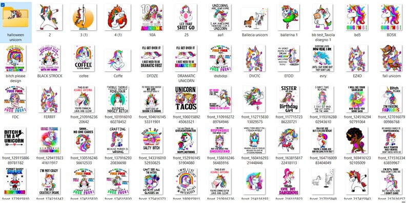 May include: A collection of 48 digital designs featuring unicorns with various phrases and designs. The designs include phrases like "Bitch I'm a Unicorn", "Unicorn Tacos", "Sister of the Birthday Girl", and "I'll get over it, I just need to go through a dramatic first".