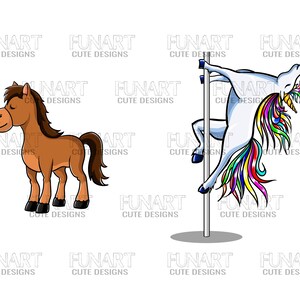May include: A brown horse with a closed eye stands on a white background. A white unicorn with a rainbow mane and tail is holding onto a silver pole and is bent over backwards.