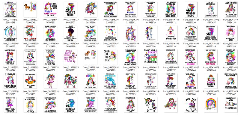 May include: A collection of 48 colorful digital printable images featuring unicorns with humorous sayings. The images are perfect for creating greeting cards, invitations, or social media posts.
