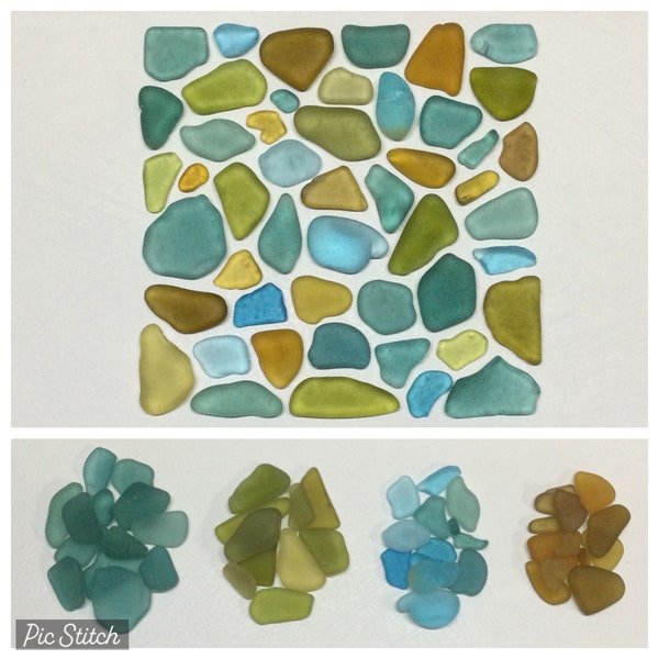 49 pieces of blue, chartreuse, turquoise and amber coloured vintage and historic sea glass. Genuine sea glass pieces for jewelry and crafts