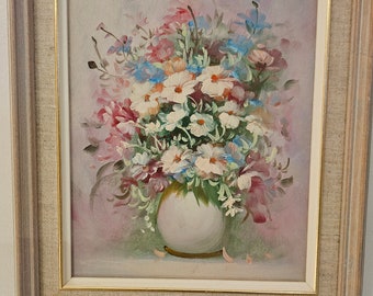 Atemberaubende Vintage Blumen Gemälde Öl auf Leinwand 11 "x 13,5"