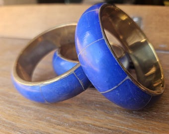 Vintage Cobalt Blue Bangle Bracelet | Bold Statement Bracelet | Blue and Gold Tone Bangle | Retro Fashion Jewelry | 1980s Style