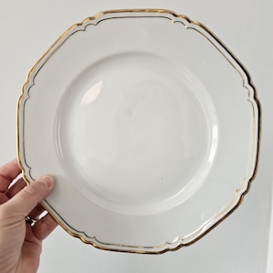 Puede incluir: Plato octogonal blanco con ribete dorado. El plato tiene un borde festoneado y un borde dorado. El plato está sostenido por una mano sobre un fondo blanco. El plato es una pieza de vajilla.