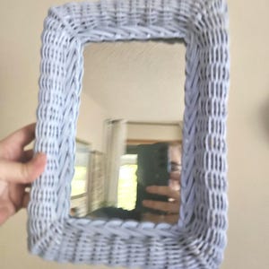Vintage Blue Wicker Rectangular Wall Mirror | 1970s Rattan Boho Cottage Decor