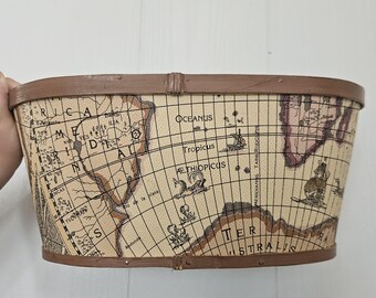 Vintage World Map Oval Storage Basket | Faux Leather Travel Map Organizer | Desk Catchall | Library Decor | Explorer Gift Basket