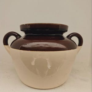 May include: A two-tone ceramic jar. The top and handles are brown, the midsection is white, and the base is brown. It has two curved handles and a wide opening. The jar is likely for storage or decoration.