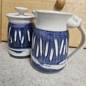 Handmade Studio Pottery Sugar Creamer Set Blue And White  Farmhouse Primitive